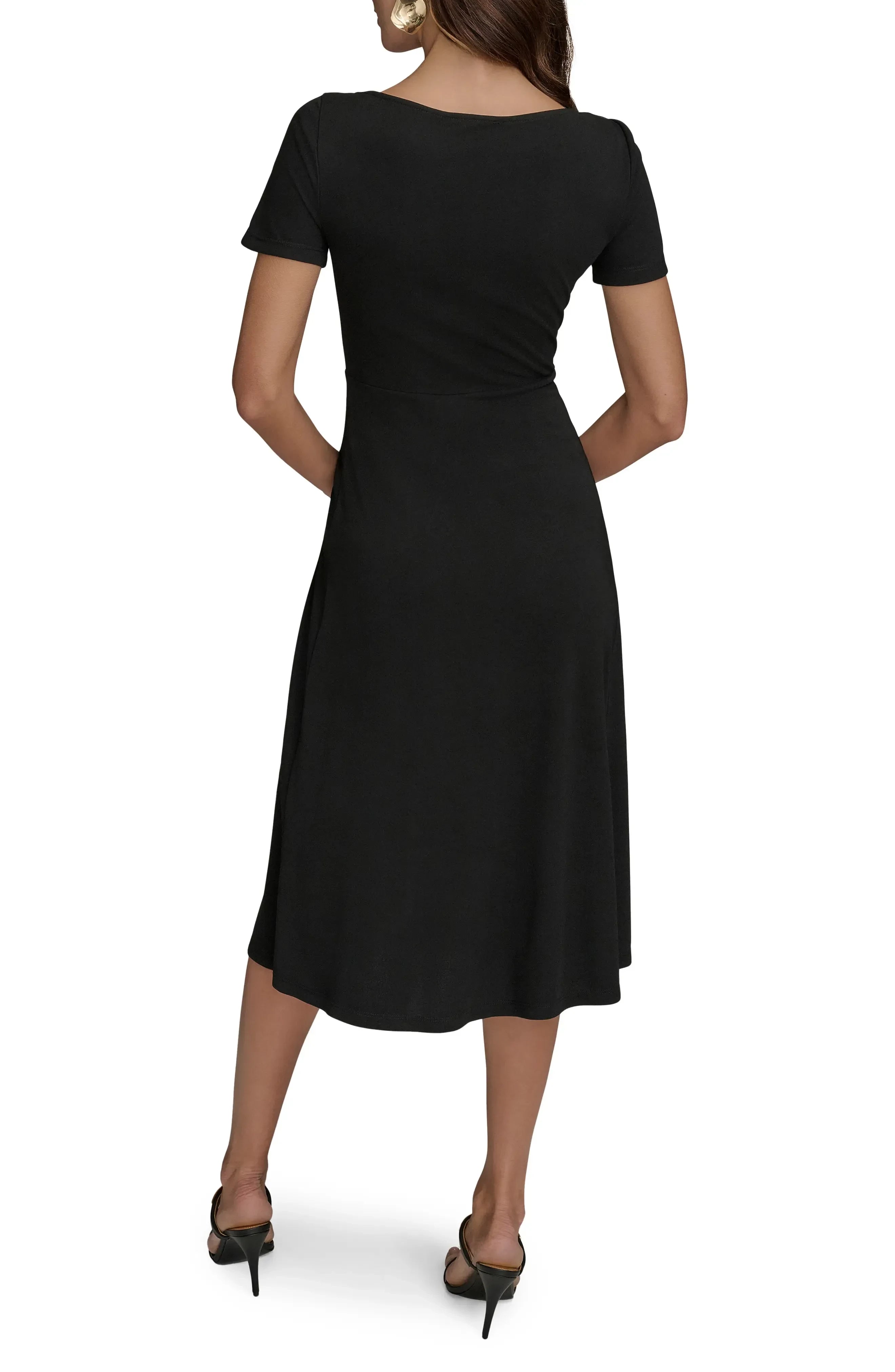 Attractive Sheath Boat Neck Short Sleeve Open Back Midi Evening Dress