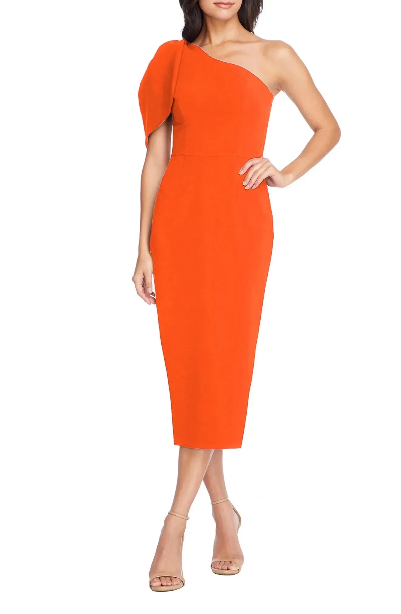 Attractive Sheath One Shoulder Ruffled Sleeve Slit Back Midi Length Evening Dress