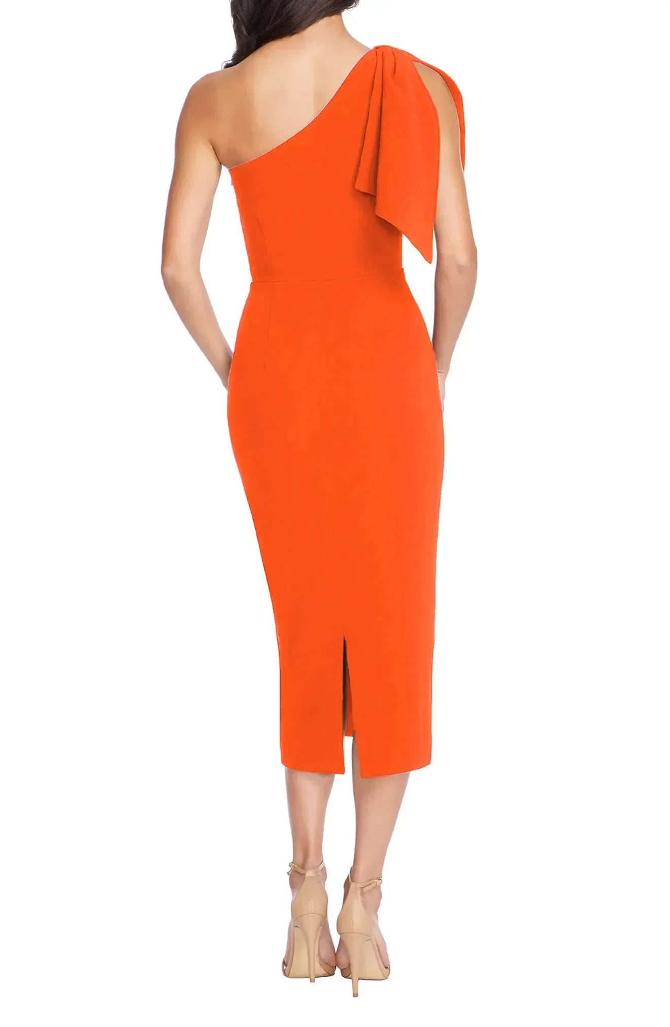 Attractive Sheath One Shoulder Ruffled Sleeve Slit Back Midi Length Evening Dress