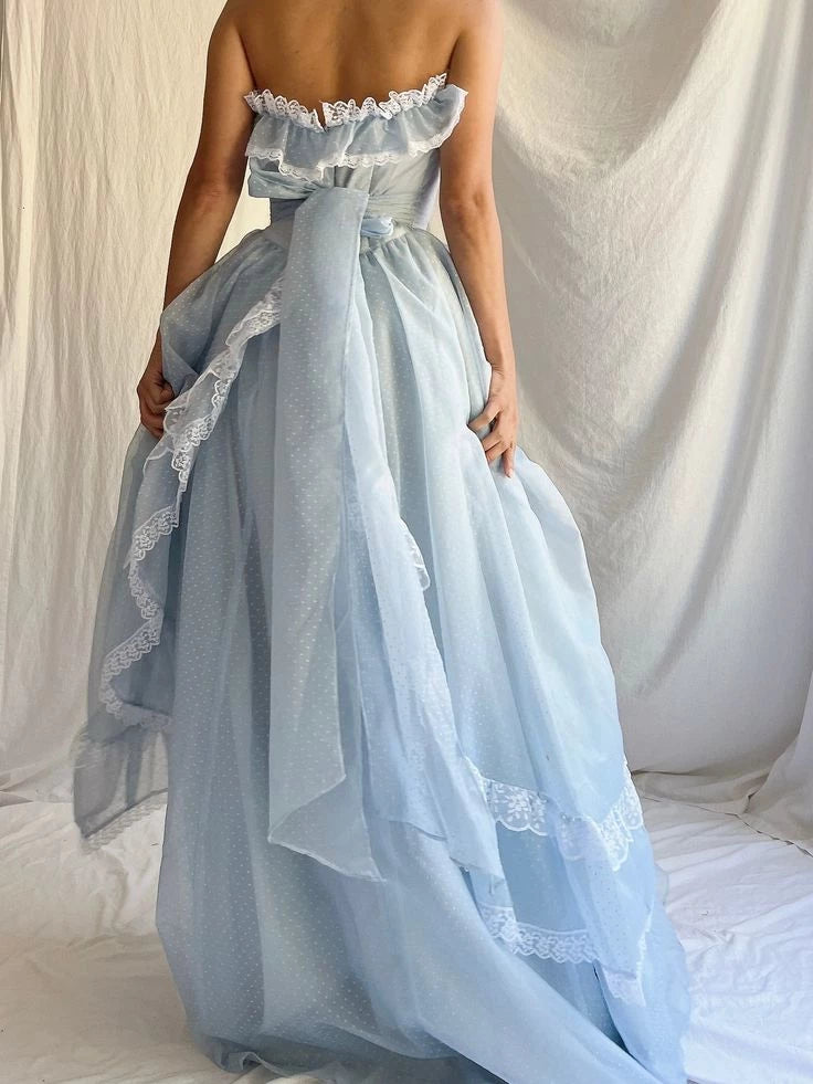 Baby Blue A Line Sweetheart Neck White Lace Chiffon Sleeveless Off-the-shoulder Long Floor length Prom Dress Cocktail Dress Homecoming Dress Evening Dress