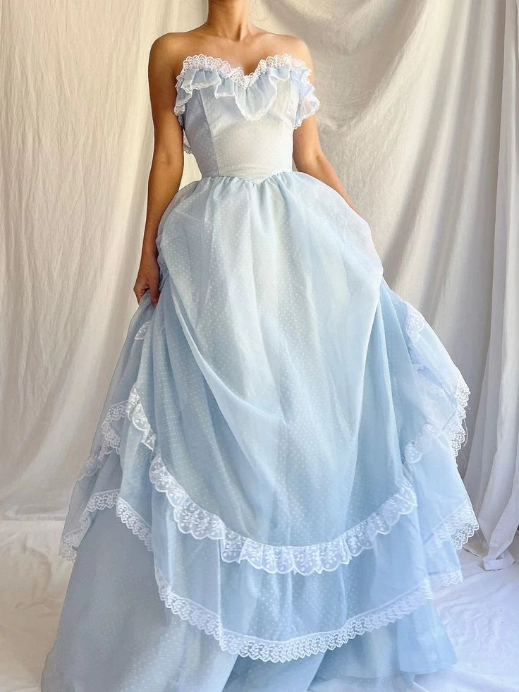 Baby Blue A Line Sweetheart Neck White Lace Chiffon Sleeveless Off-the-shoulder Long Floor length Prom Dress Cocktail Dress Homecoming Dress Evening Dress