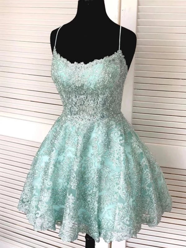 Backless Short  Green Lace Prom with Straps Green Lace Formal Graduation Party Dresses Homecoming Dresses