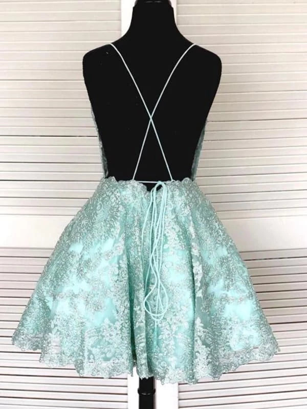 Backless Short  Green Lace Prom with Straps Green Lace Formal Graduation Party Dresses Homecoming Dresses