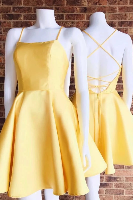 Backless Short Yellow Prom Backless Yellow Formal Graduation Party Dresses Homecoming Dresses