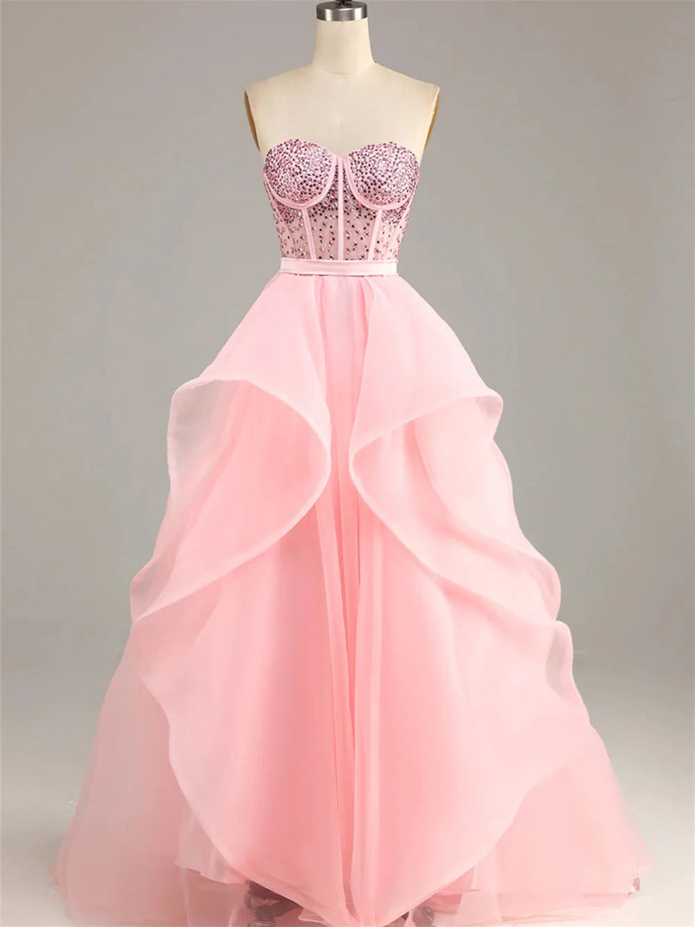 Ball-Gown Pink Strapless Sleeveless Floor-Length Beaded Prom Dress Party Dress Evening Dress