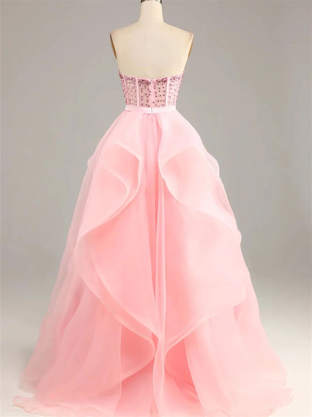 Ball-Gown Pink Strapless Sleeveless Floor-Length Beaded Prom Dress Party Dress Evening Dress