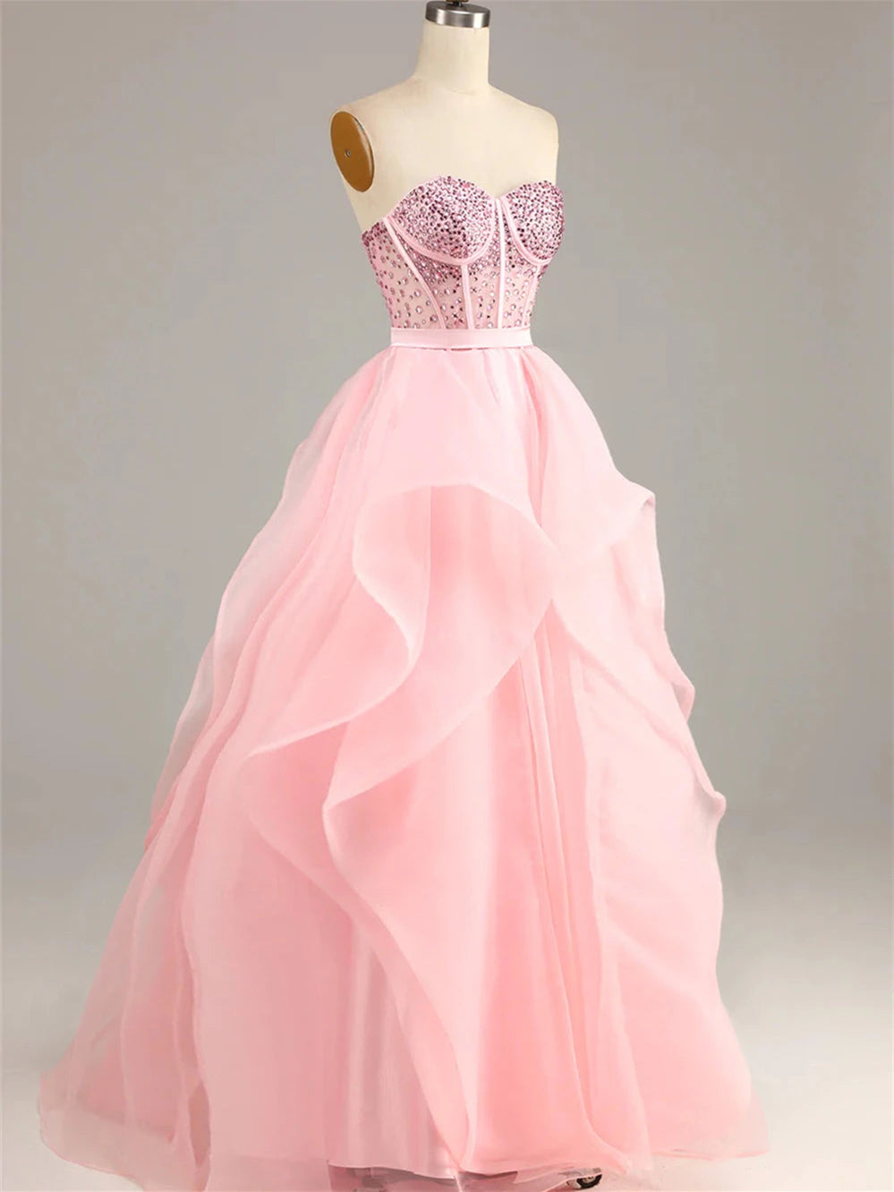 Ball-Gown Pink Strapless Sleeveless Floor-Length Beaded Prom Dress Party Dress Evening Dress