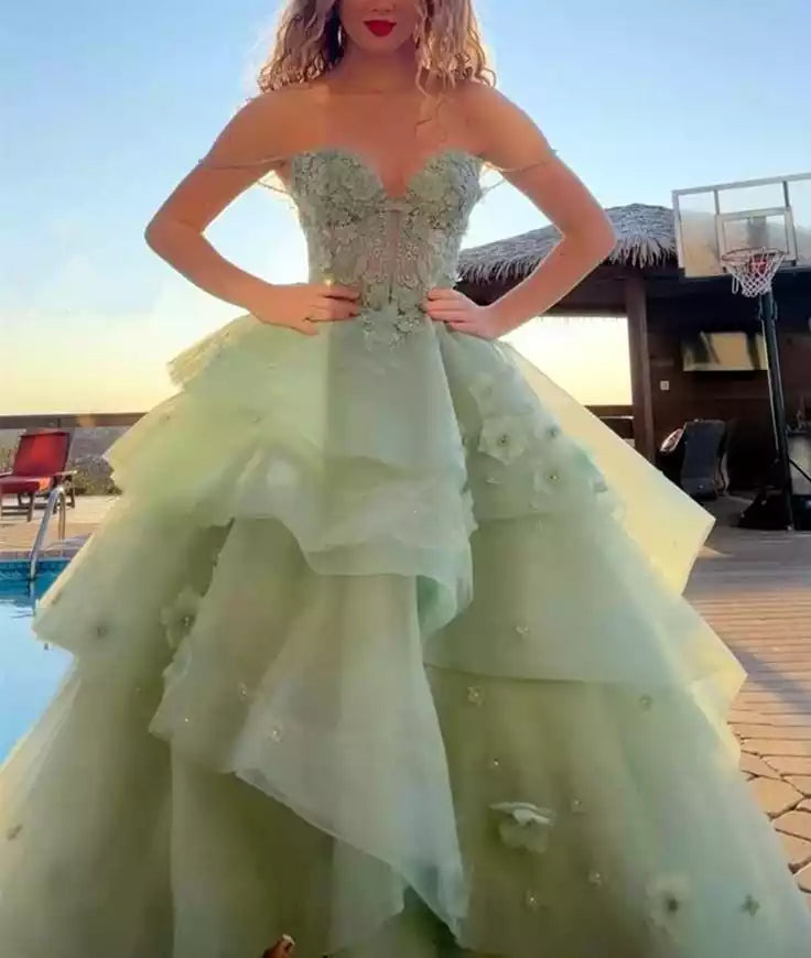 Ball Gown Sage Green Floor length Prom Dress Long Tiered Tulle Evening Dress