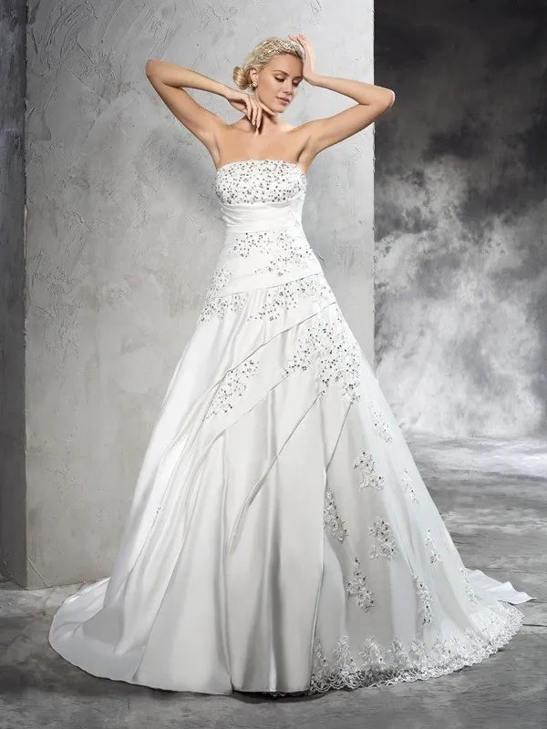 Ball Gown Satin Strapless Sleeveless Court Train With Beading Wedding Dresses