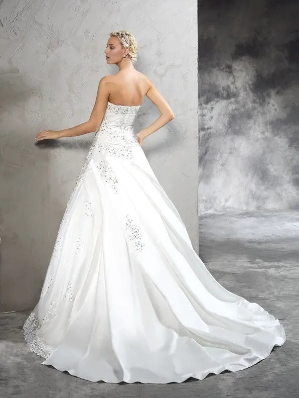 Ball Gown Satin Strapless Sleeveless Court Train With Beading Wedding Dresses