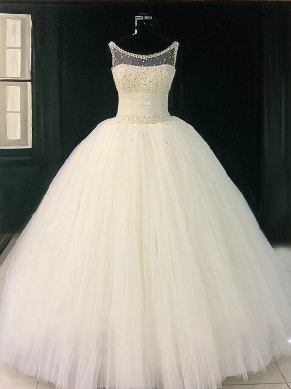 Ball Gown Scoop With Beading Tulle Sleeveless Floor-Length Wedding Dresses