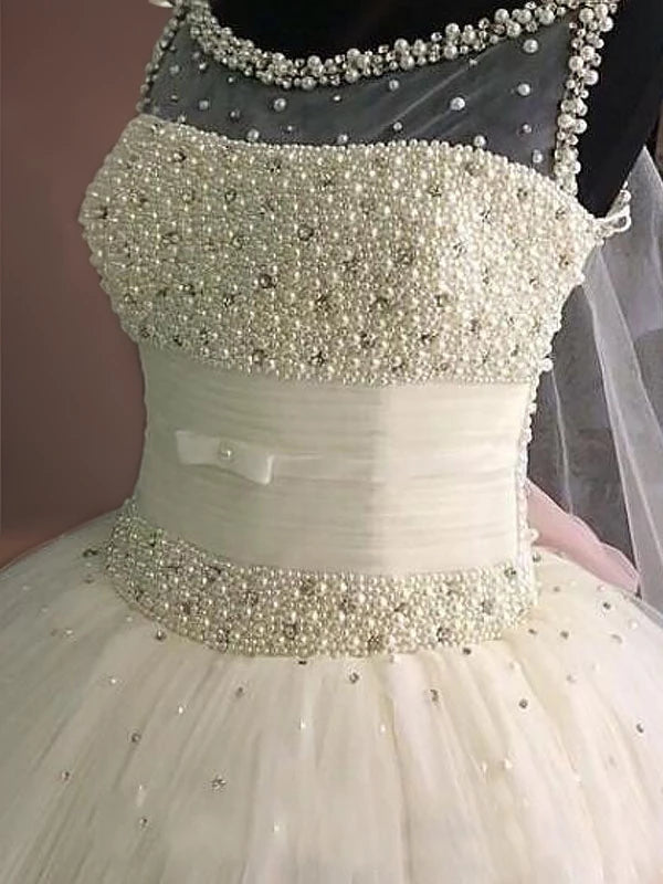 Ball Gown Scoop With Beading Tulle Sleeveless Floor-Length Wedding Dresses