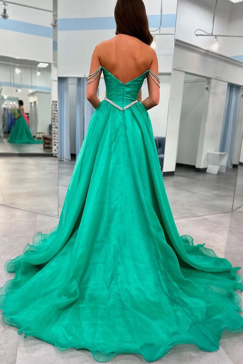 Ball Gown Strapless Green Tulle Beaded Long Strapless Neckline Lace-up Sleeveless Back with Slit Evening Dresses Evening Dresses Prom Dress