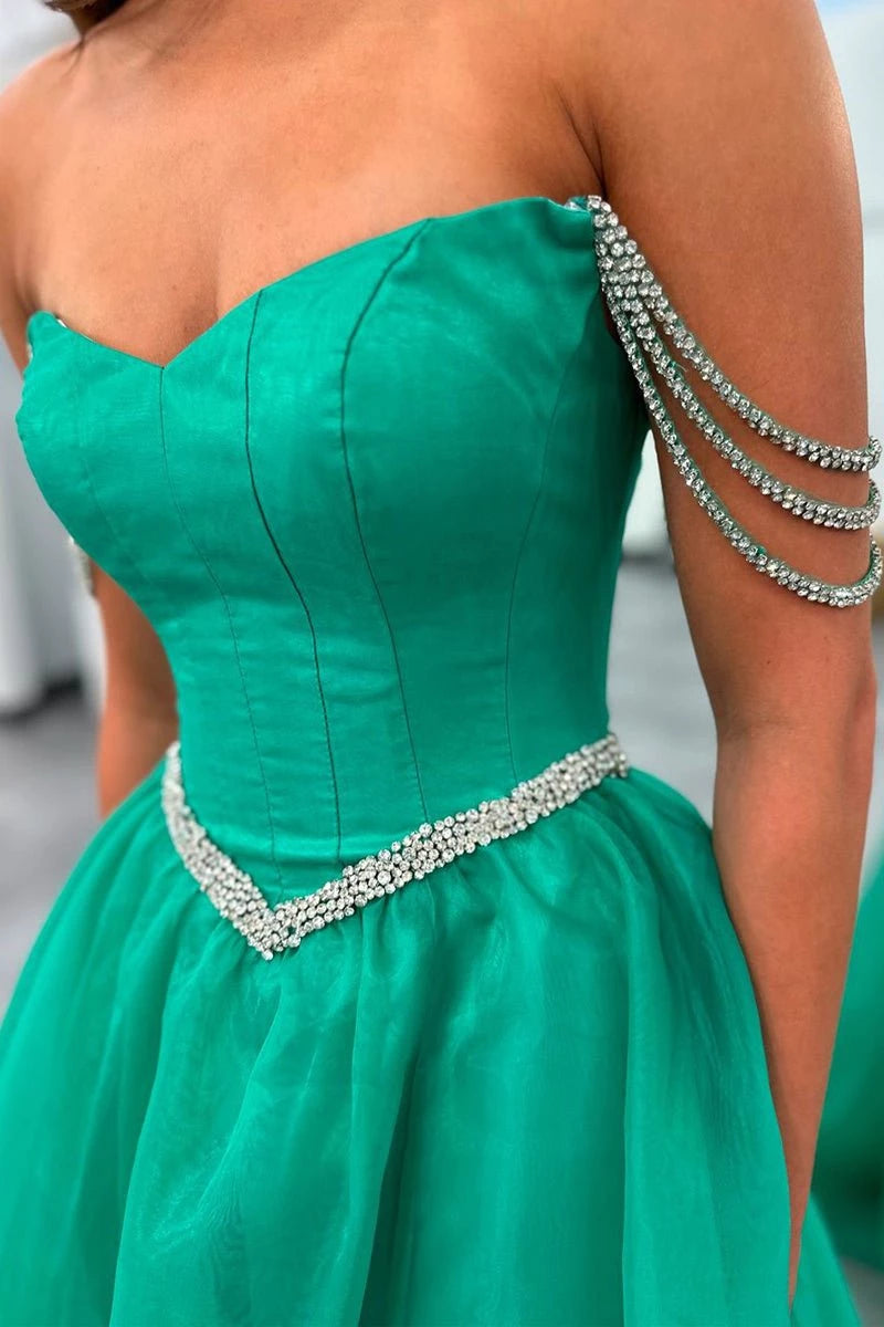 Ball Gown Strapless Green Tulle Beaded Long Strapless Neckline Lace-up Sleeveless Back with Slit Evening Dresses Evening Dresses Prom Dress