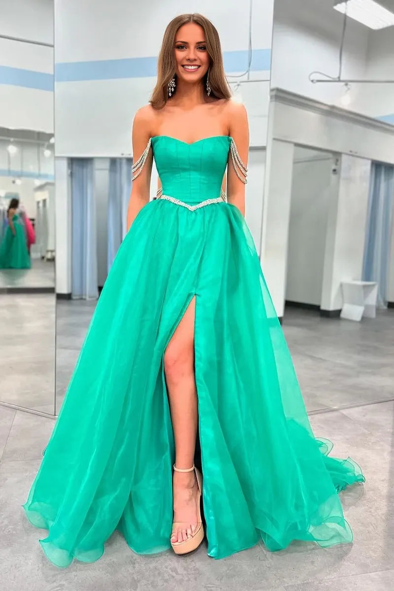 Ball Gown Strapless Green Tulle Beaded Long Strapless Neckline Lace-up Sleeveless Back with Slit Evening Dresses Evening Dresses Prom Dress