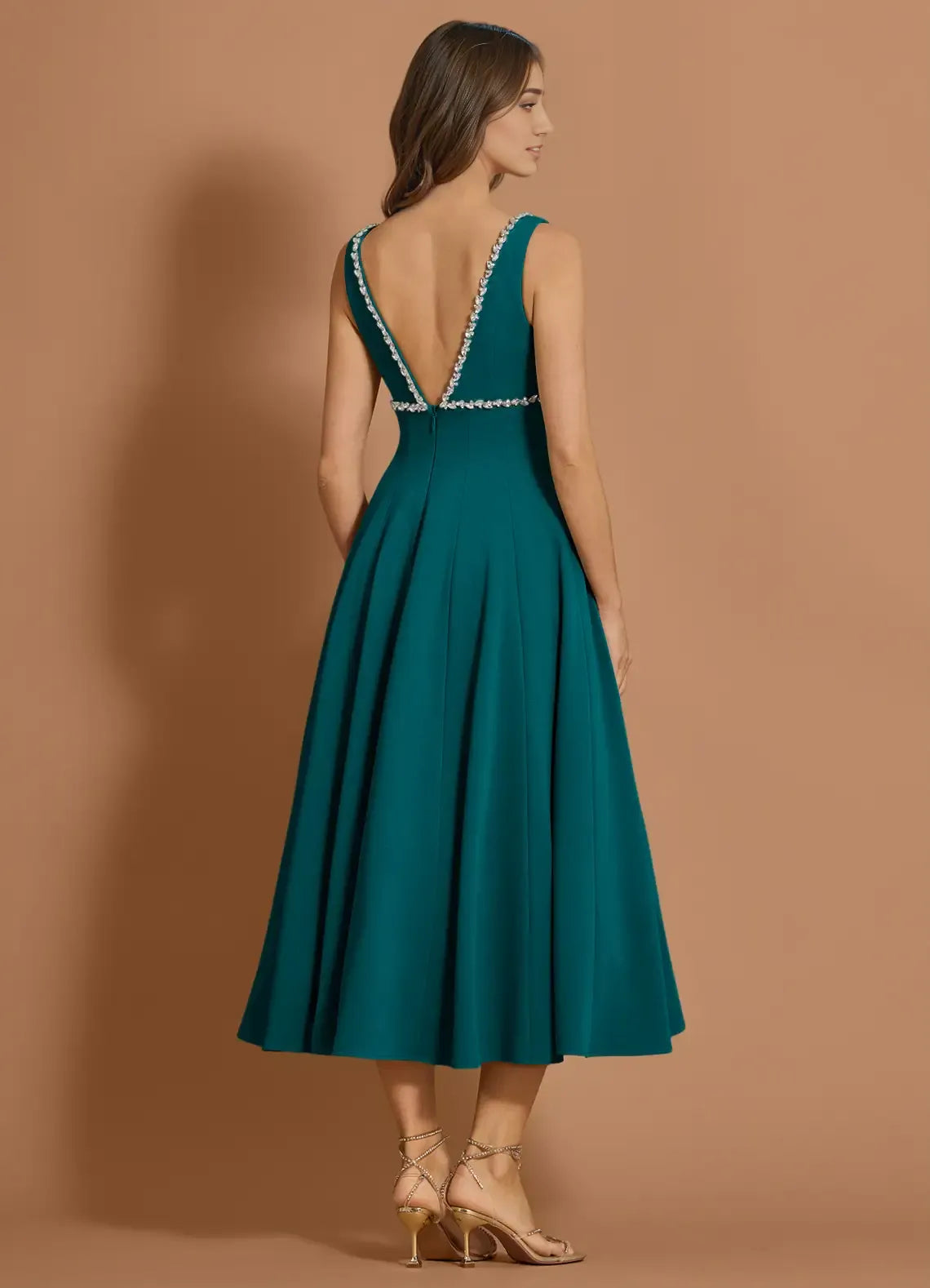 Beaded Trim A Line V Neck Sleeveless Deep V Back Midi Length For Sale Prom Dress ﻿