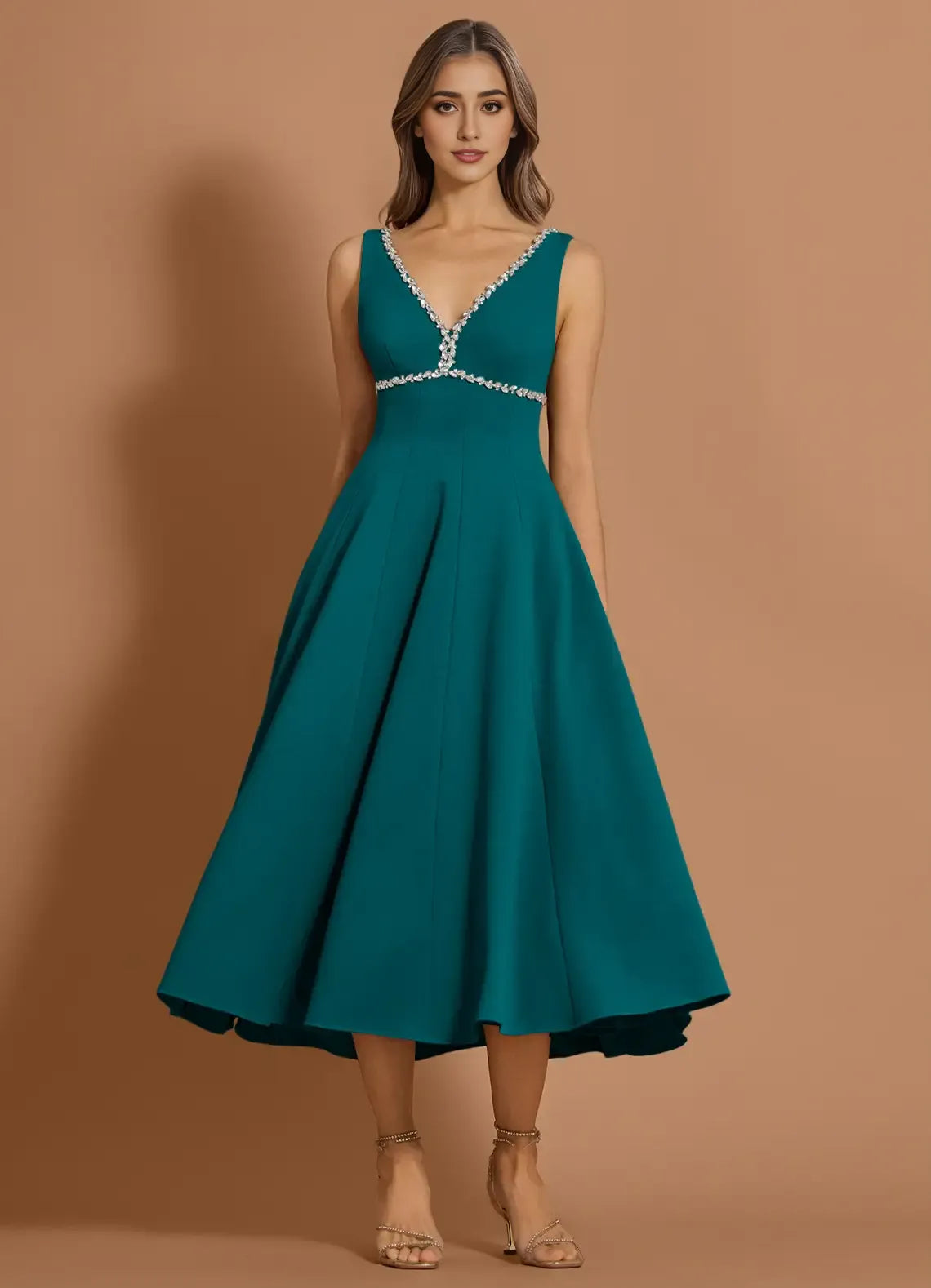 Beaded Trim A Line V Neck Sleeveless Deep V Back Midi Length For Sale Prom Dress ﻿