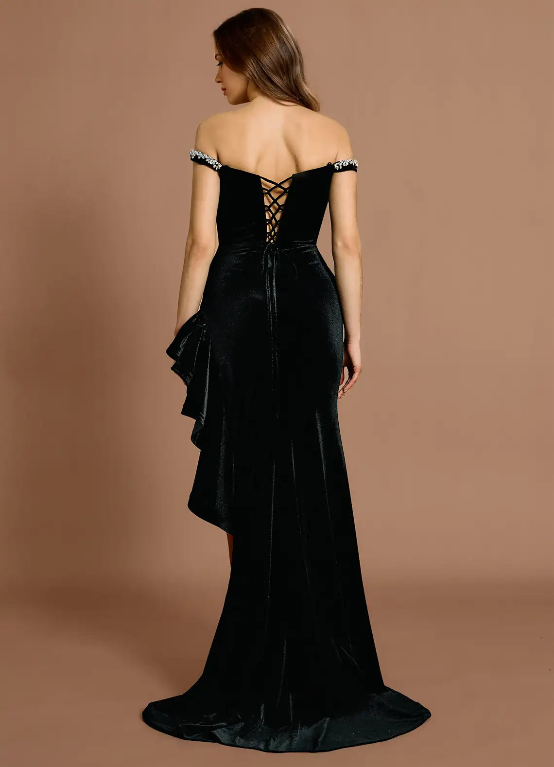 Beaded Trim Convertible Shoulder Velvet Mermaid Lace Up Back Ruffled Side Train High Slit Floor Length Female Prom Dress