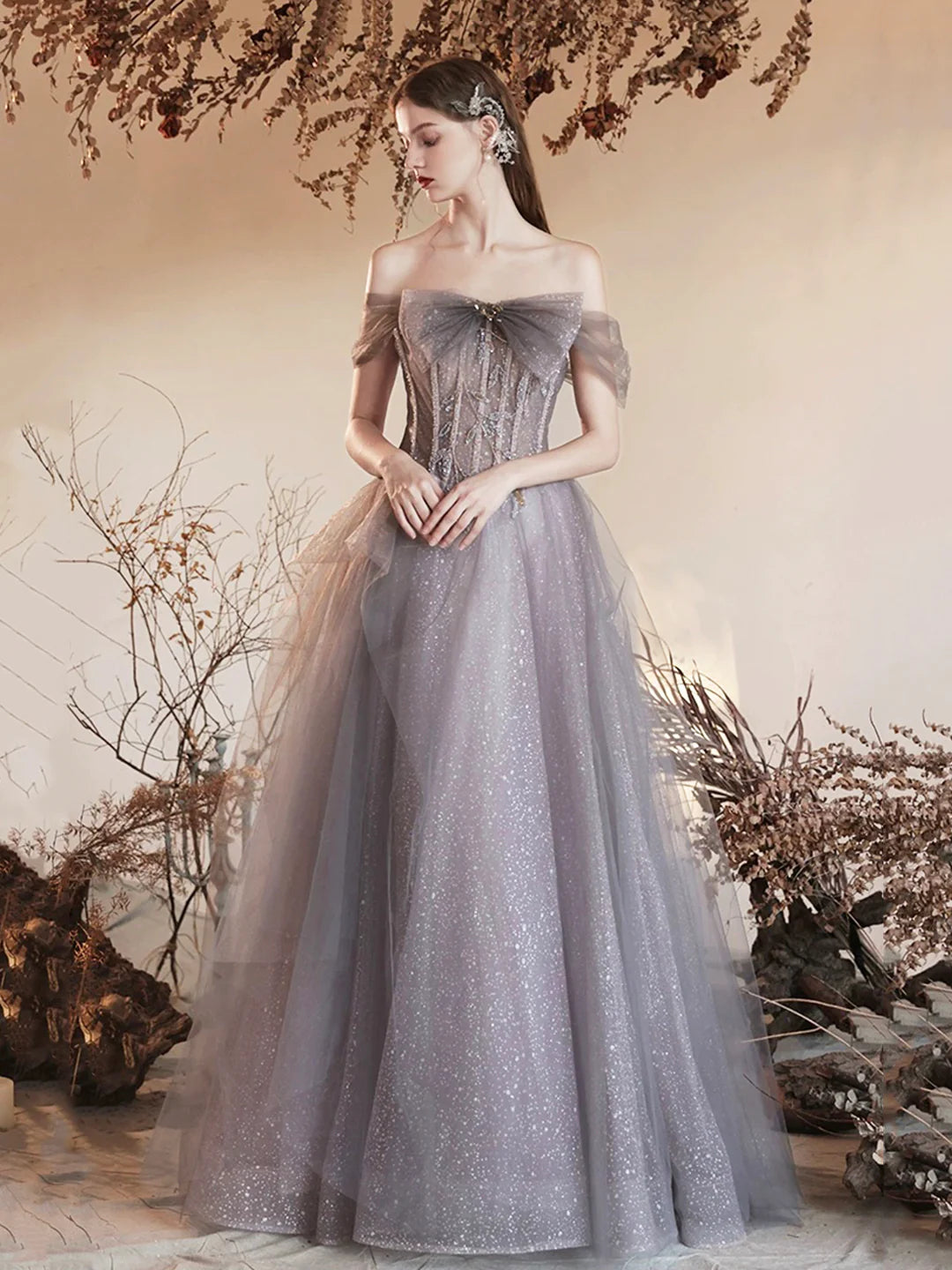 Beaded Gray Tulle Beaded Long Prom Dress Beautiful Off the Shoulder Evening Party Dress