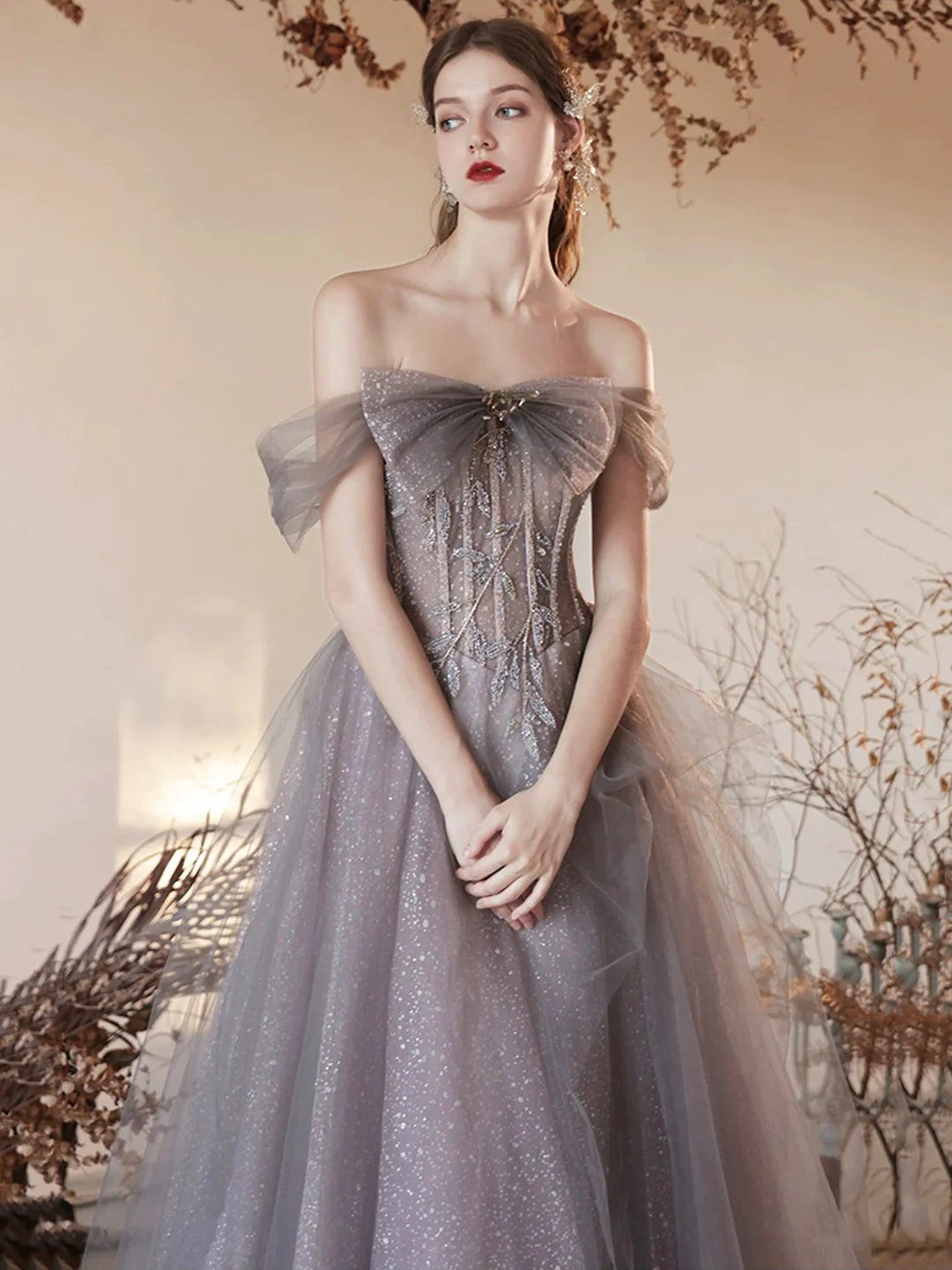 Beaded Gray Tulle Beaded Long Prom Dress Beautiful Off the Shoulder Evening Party Dress