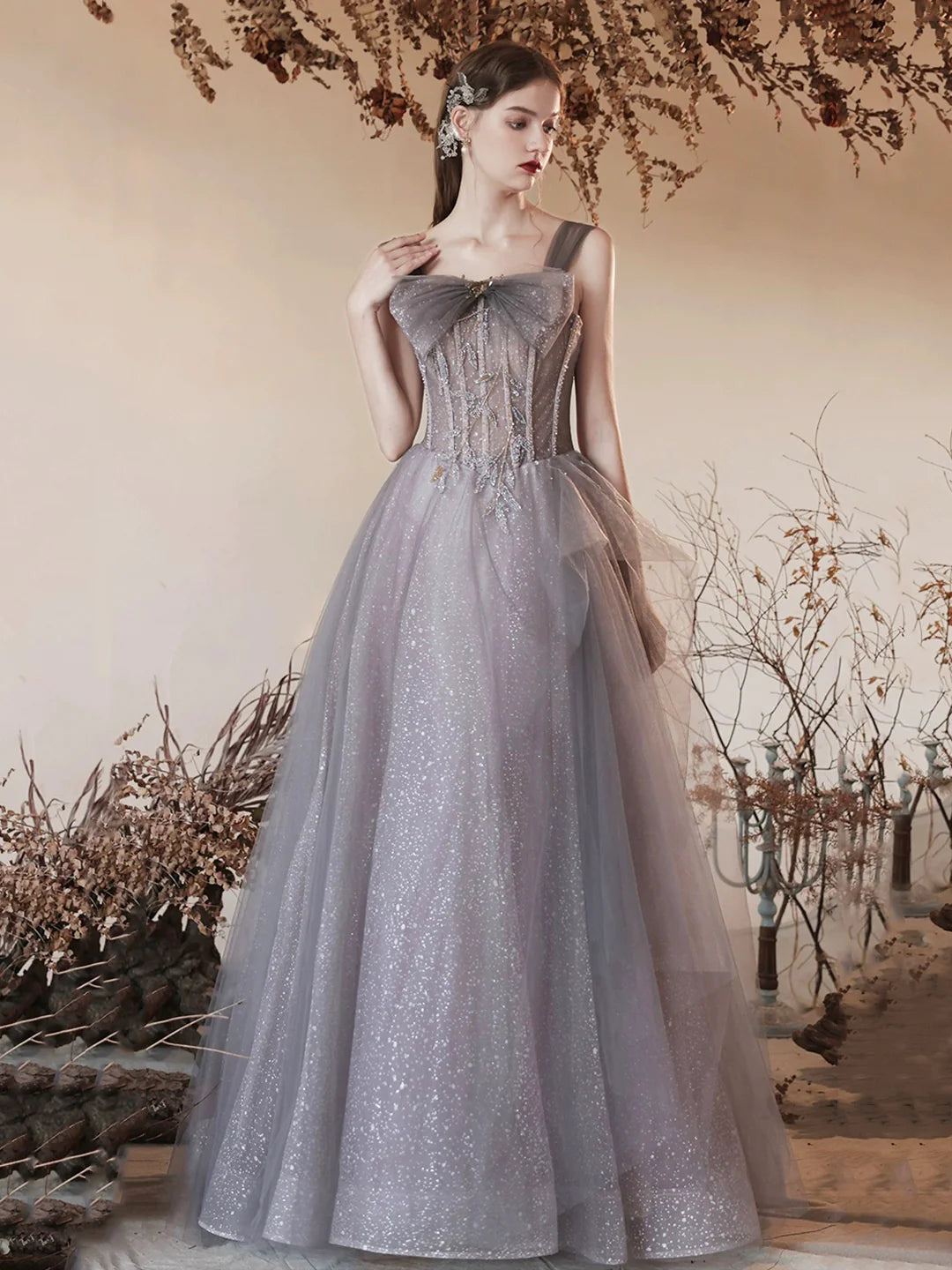 Beaded Gray Tulle Beaded Long Prom Dress Beautiful Off the Shoulder Evening Party Dress