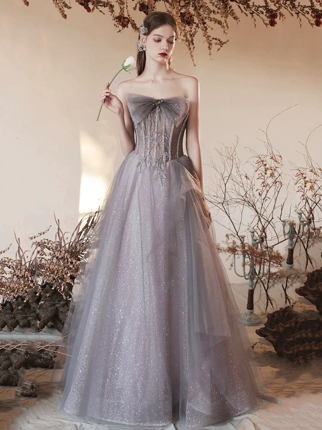 Beaded Gray Tulle Beaded Long Prom Dress Beautiful Off the Shoulder Evening Party Dress