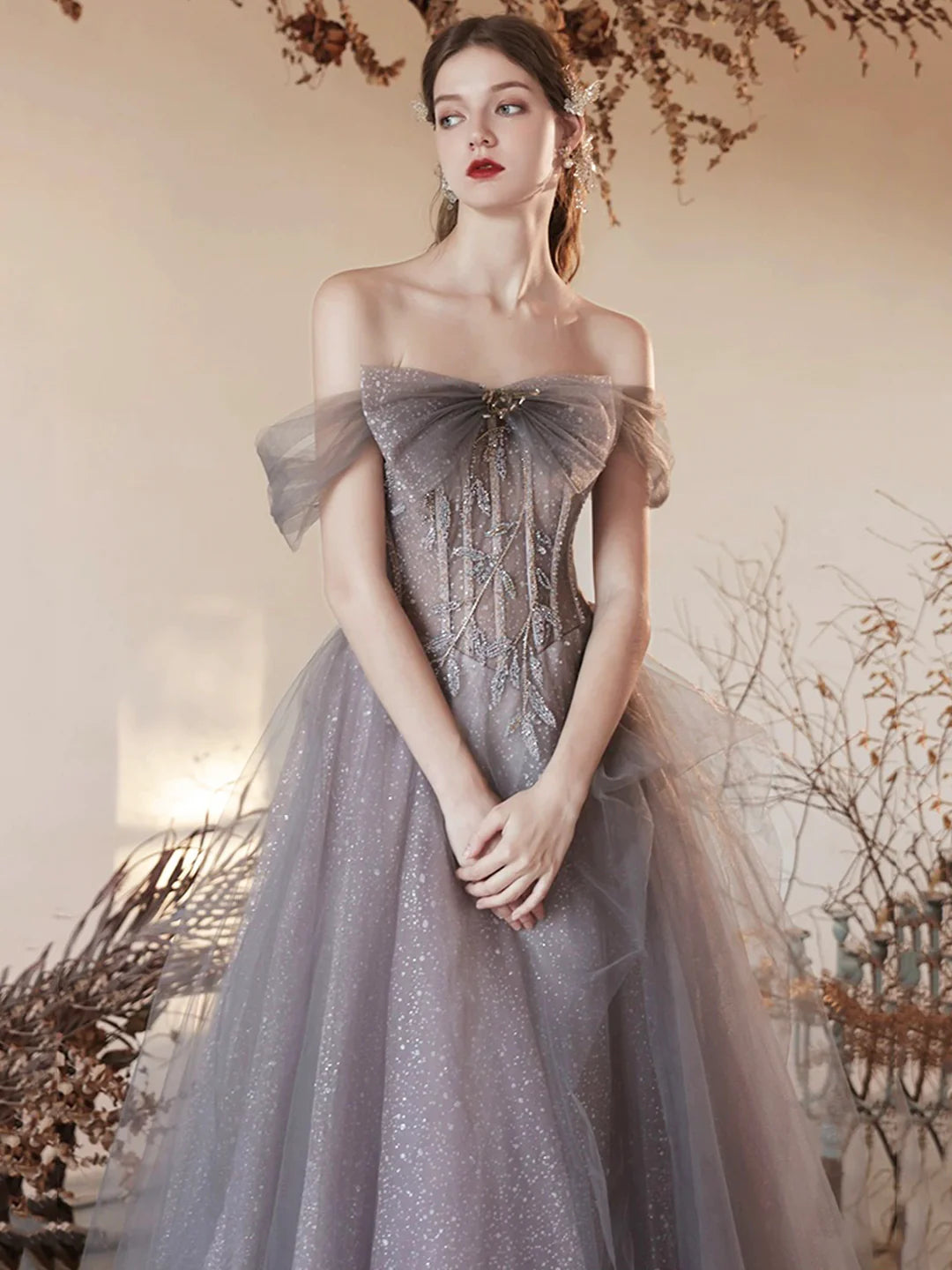 Beaded Gray Tulle Beaded Long Prom Dress Beautiful Off the Shoulder Evening Party Dress