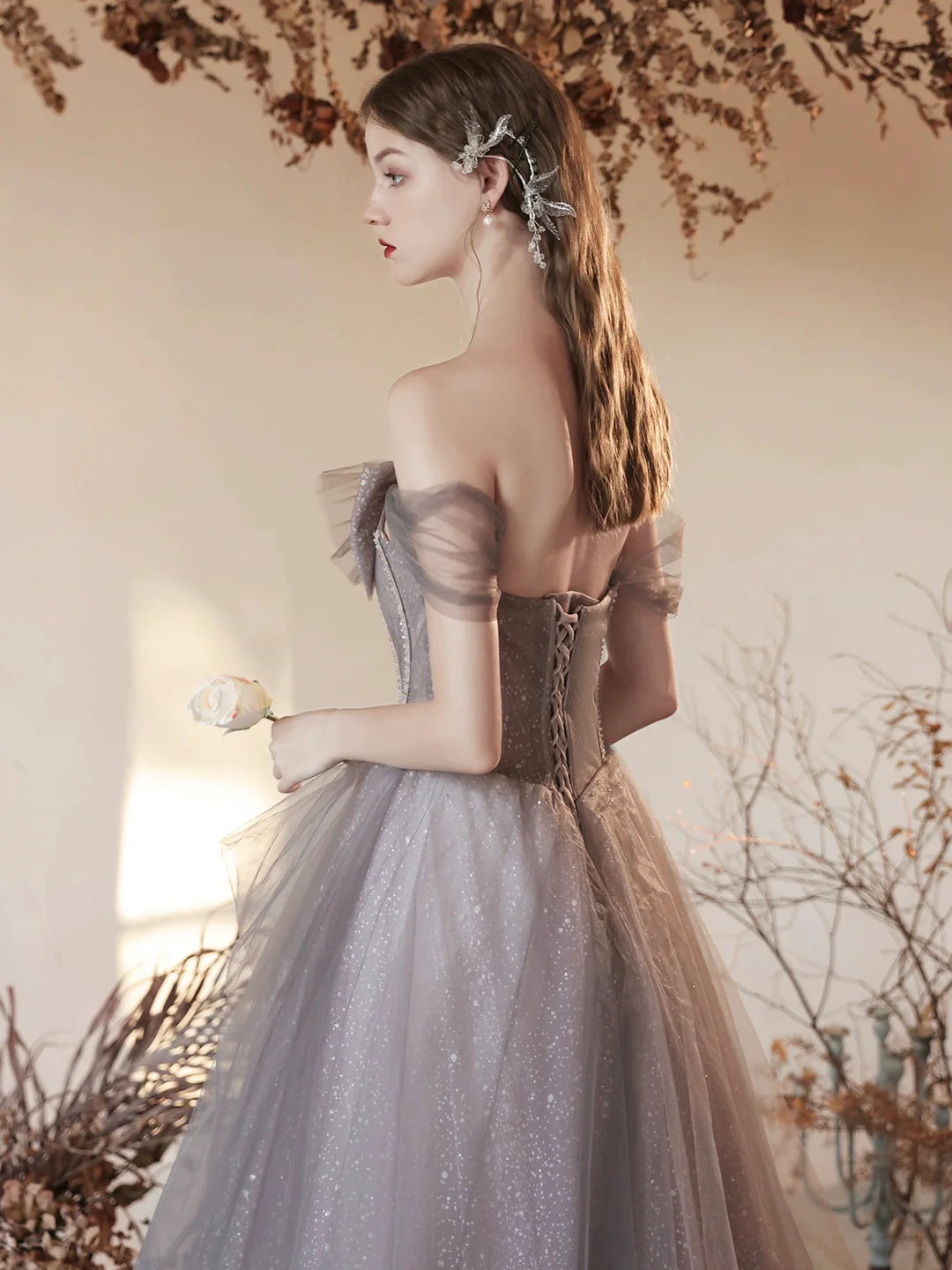 Beaded Gray Tulle Beaded Long Prom Dress Beautiful Off the Shoulder Evening Party Dress