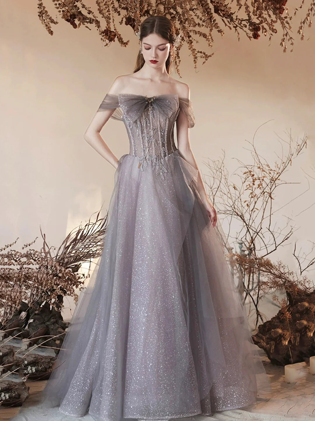 Beaded Gray Tulle Beaded Long Prom Dress Beautiful Off the Shoulder Evening Party Dress