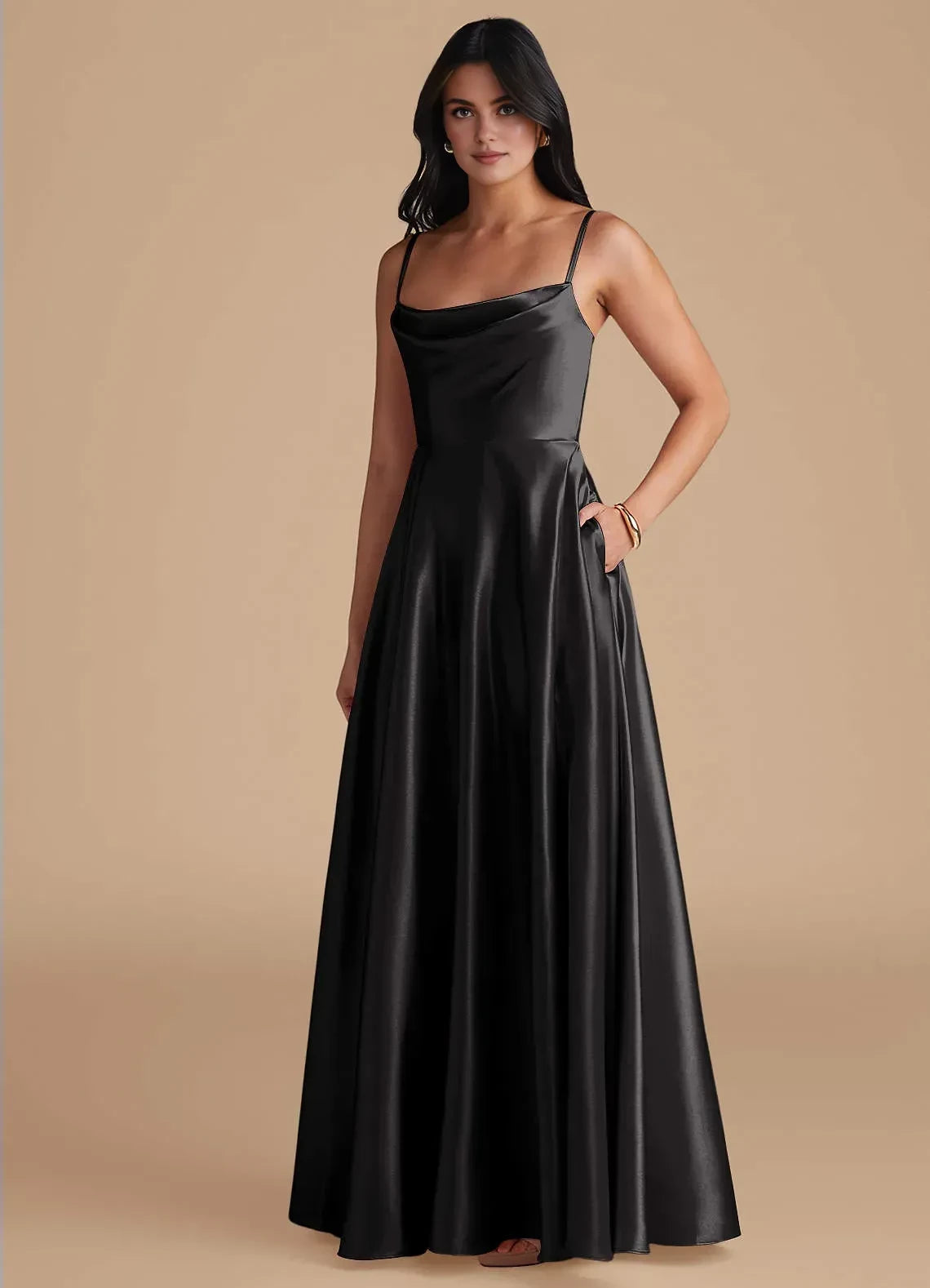 Beautiful A Line Cowl Neck Spaghetti Strap Zipper Back Floor Length Bridesmaid Dress