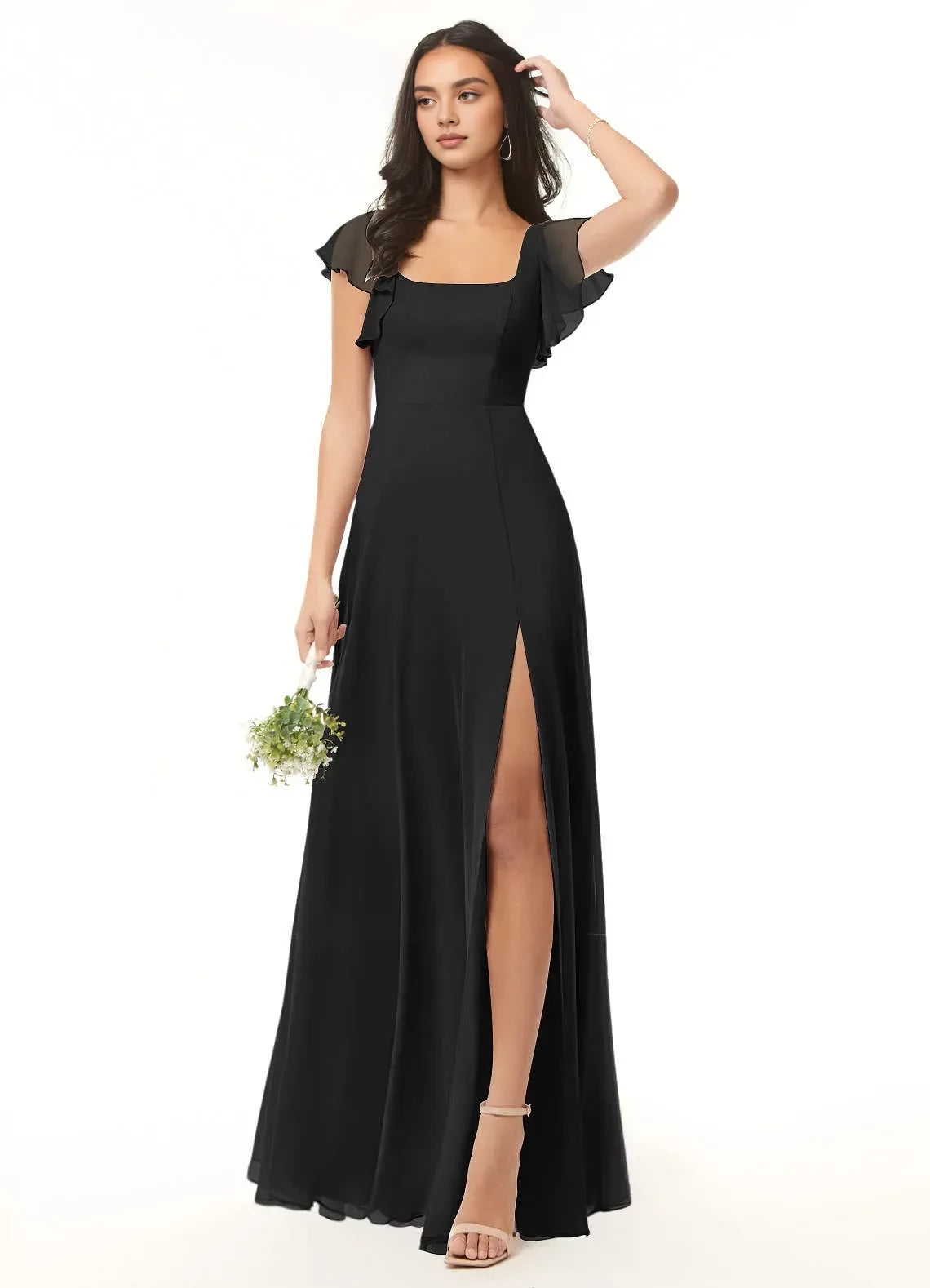 Beautiful A Line Square Neck Flutter Sleeve Tie Back Floor Length Bridesmaid Dress