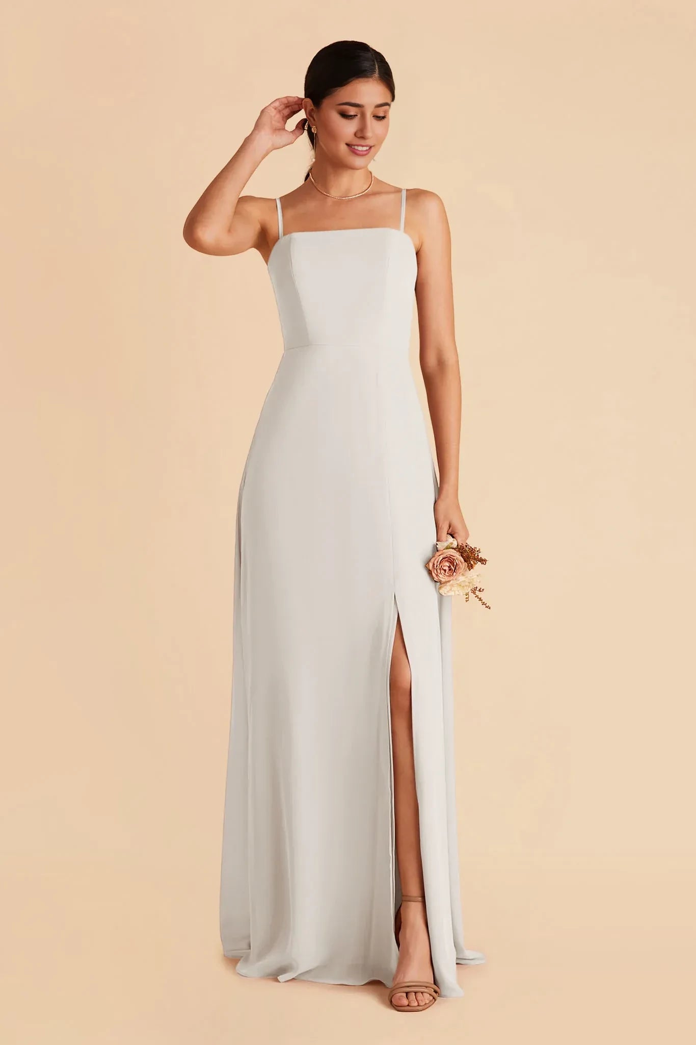 Beautiful A Line Square Neck Spaghetti Strap Zip Back Floor Length Bridesmaid Dress