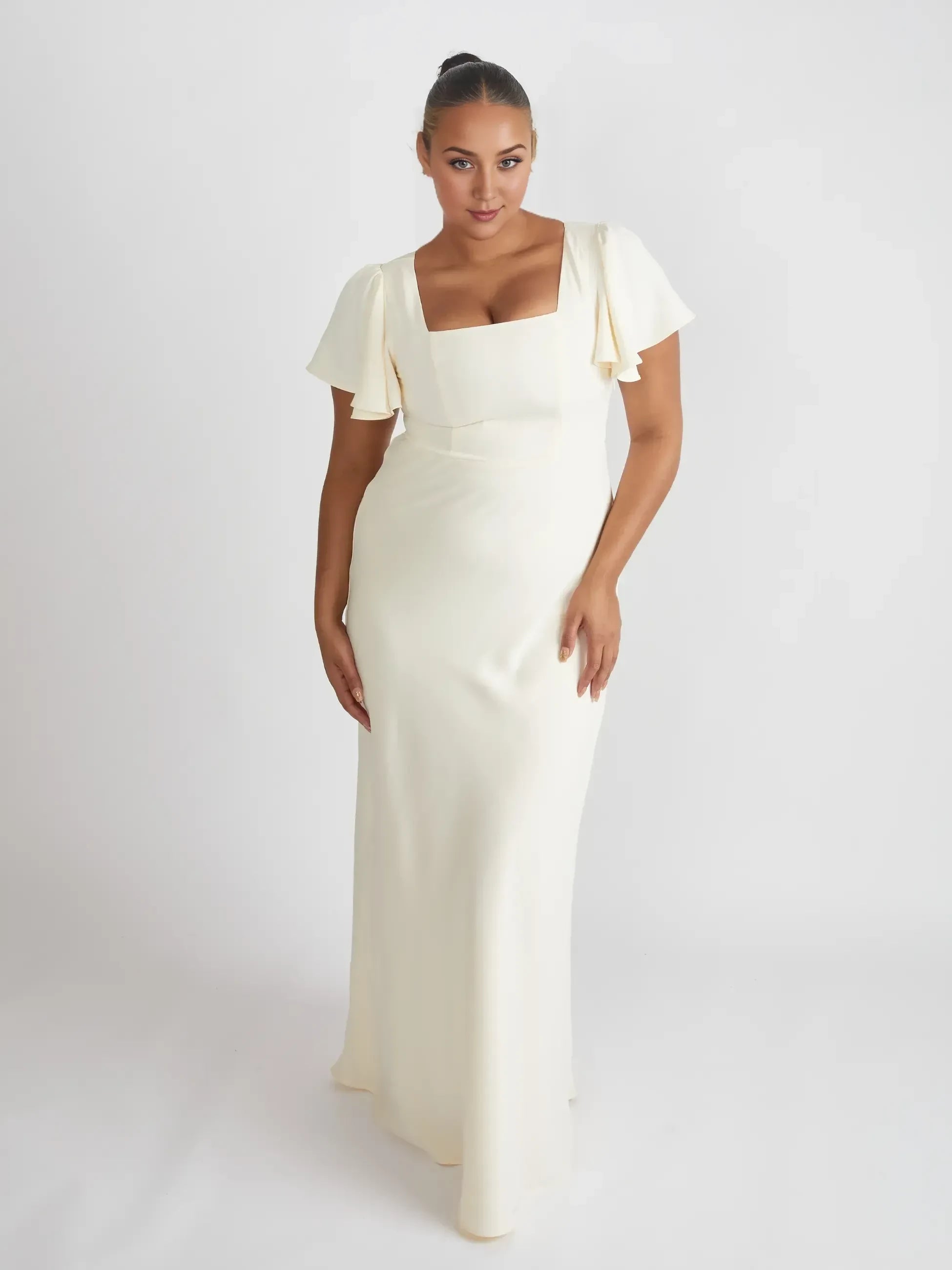 Beautiful Plus Size Sheath Square Neck Flutter Sleeve Open Back Floor Length Bridesmaid Dress