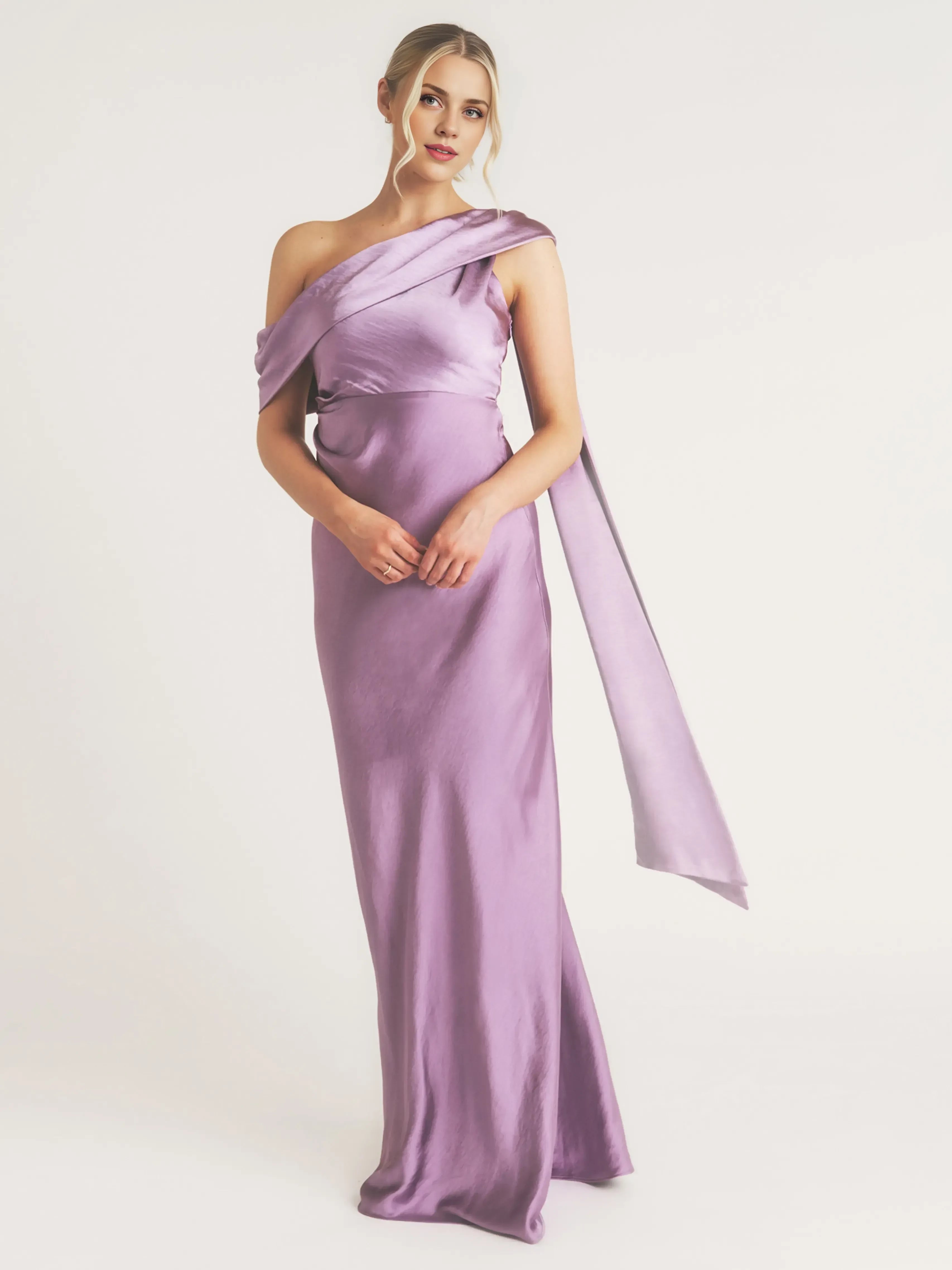 Beautiful Sheath One Shoulder Draped Sleeve Open Back Floor Length Bridesmaid Dress