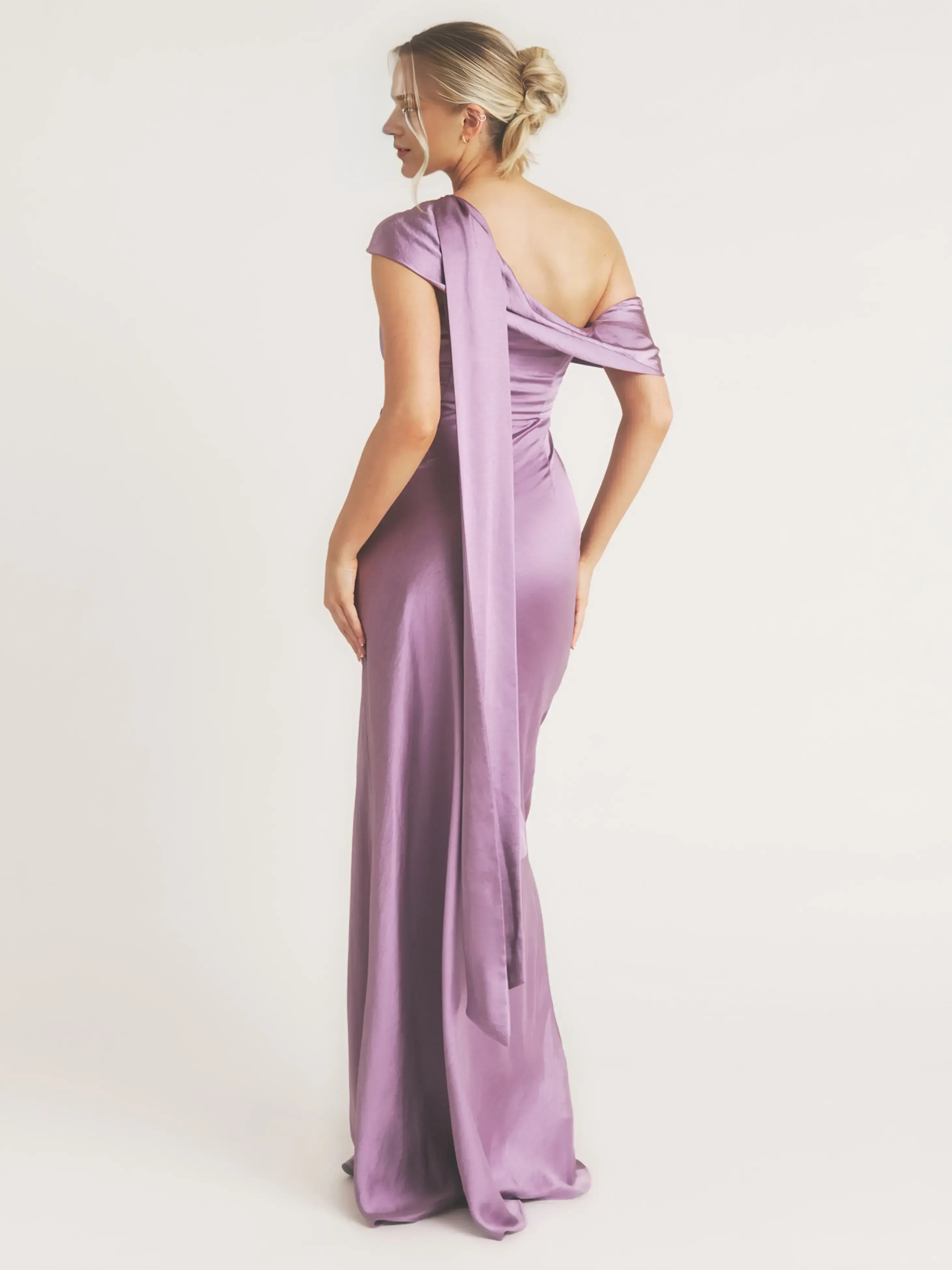 Beautiful Sheath One Shoulder Draped Sleeve Open Back Floor Length Bridesmaid Dress