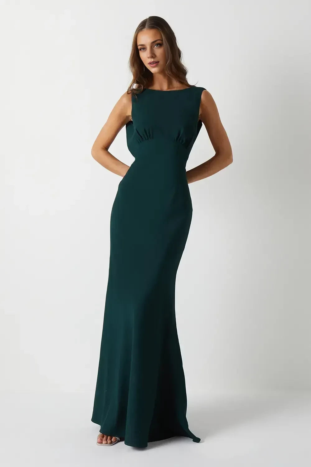 Beautiful Trumpet Boat Neck Sleeveless Draped Back Floor Length Bridesmaid Dress