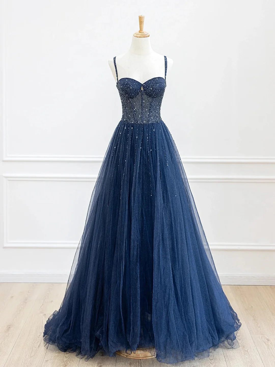 Beautiful A-Line  Blue Spaghetti Strap Tulle Sequins Long Prom Dress Evening Party Dress