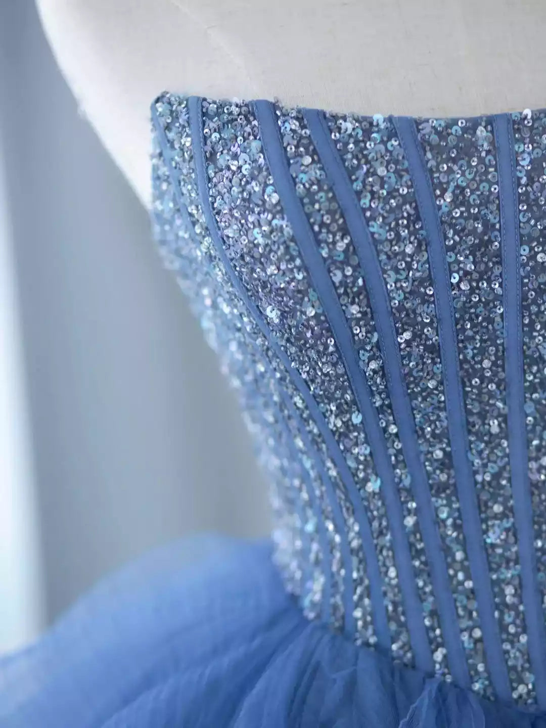 Beautiful A-Line Blue Strapless Tulle Sequins Long Prom Dress Formal Party Dress