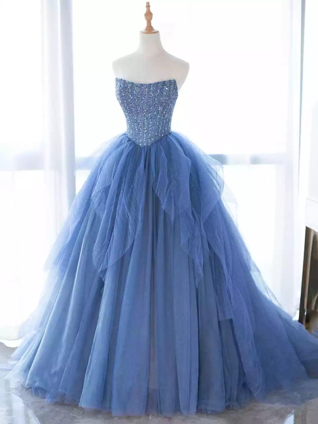 Beautiful A-Line Blue Strapless Tulle Sequins Long Prom Dress Formal Party Dress