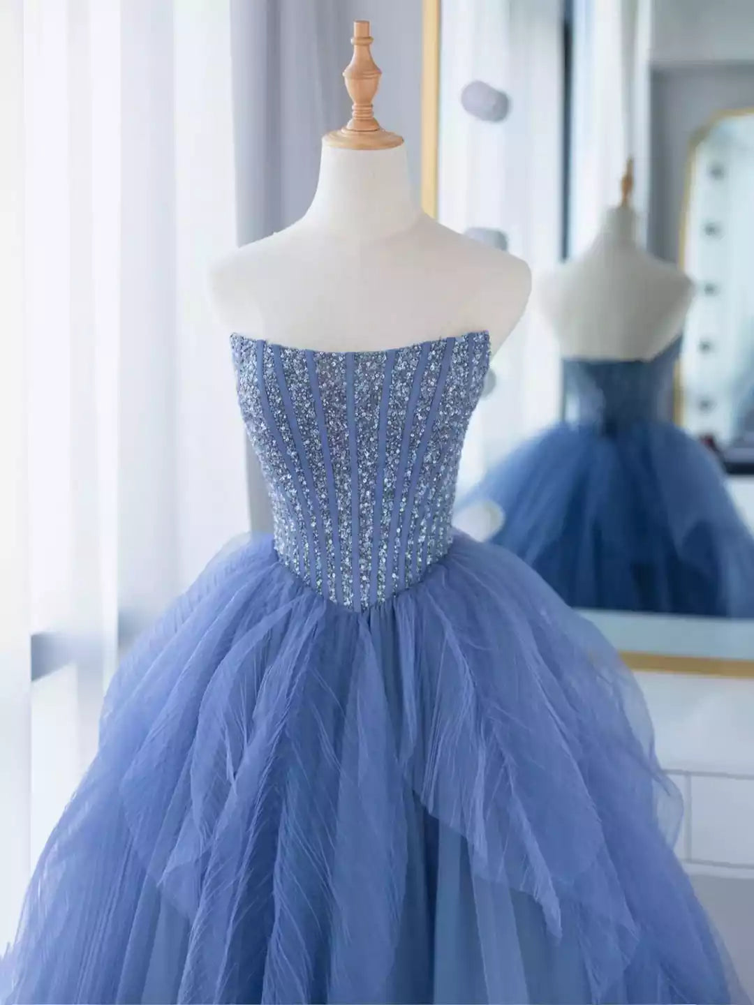 Beautiful A-Line Blue Strapless Tulle Sequins Long Prom Dress Formal Party Dress