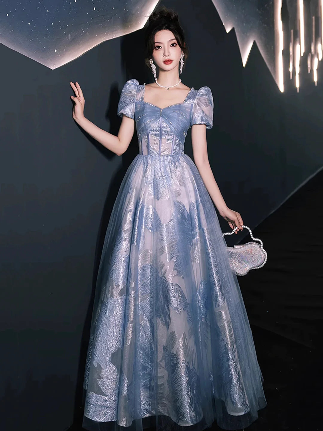 Beautiful A-Line Blue Tulle Long Prom Dress Evening Party Dress