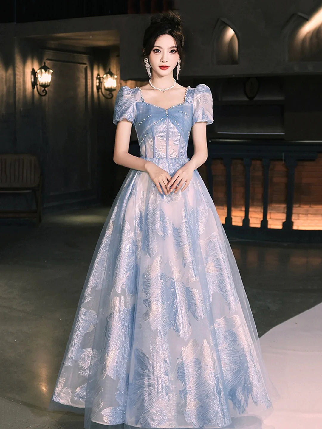 Beautiful A-Line Blue Tulle Long Prom Dress Evening Party Dress