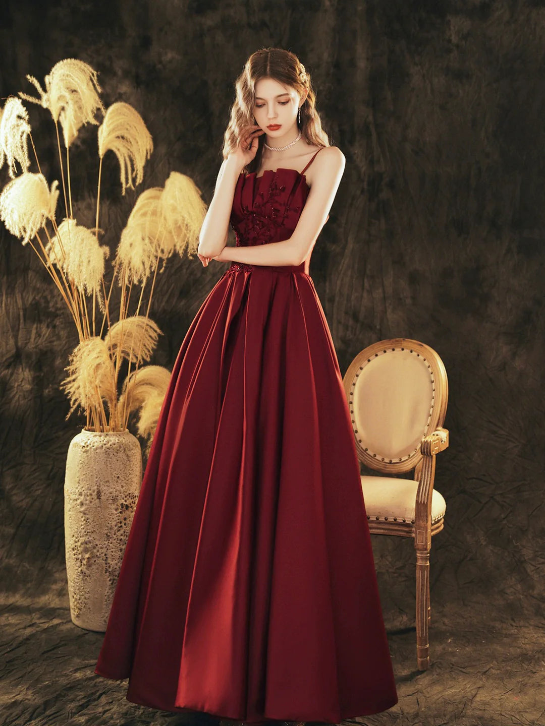 Beautiful A-Line Burgundy Satin Beaded Long Prom Dress Evening Party Dress