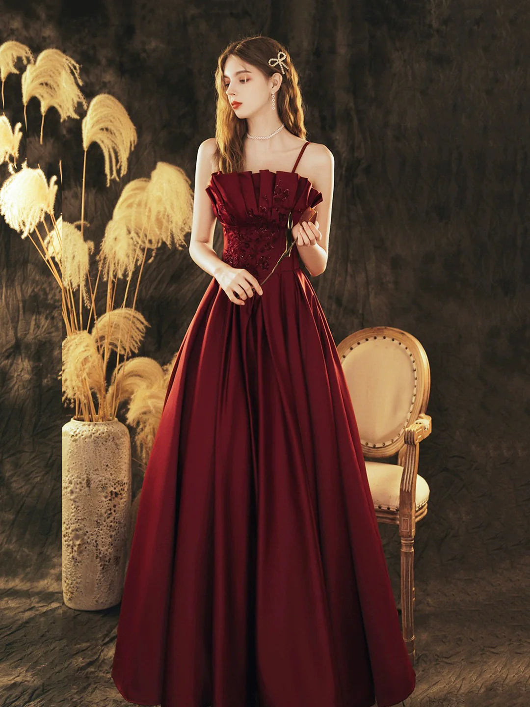 Beautiful A-Line Burgundy Satin Beaded Long Prom Dress Evening Party Dress