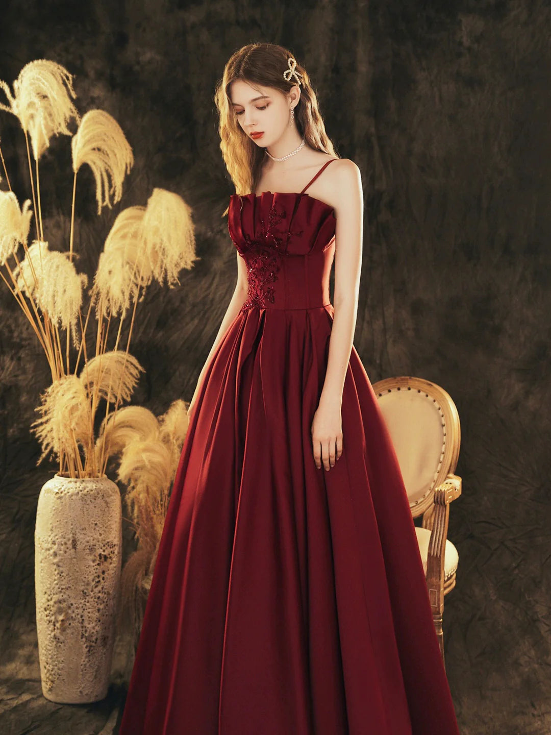 Beautiful A-Line Burgundy Satin Beaded Long Prom Dress Evening Party Dress