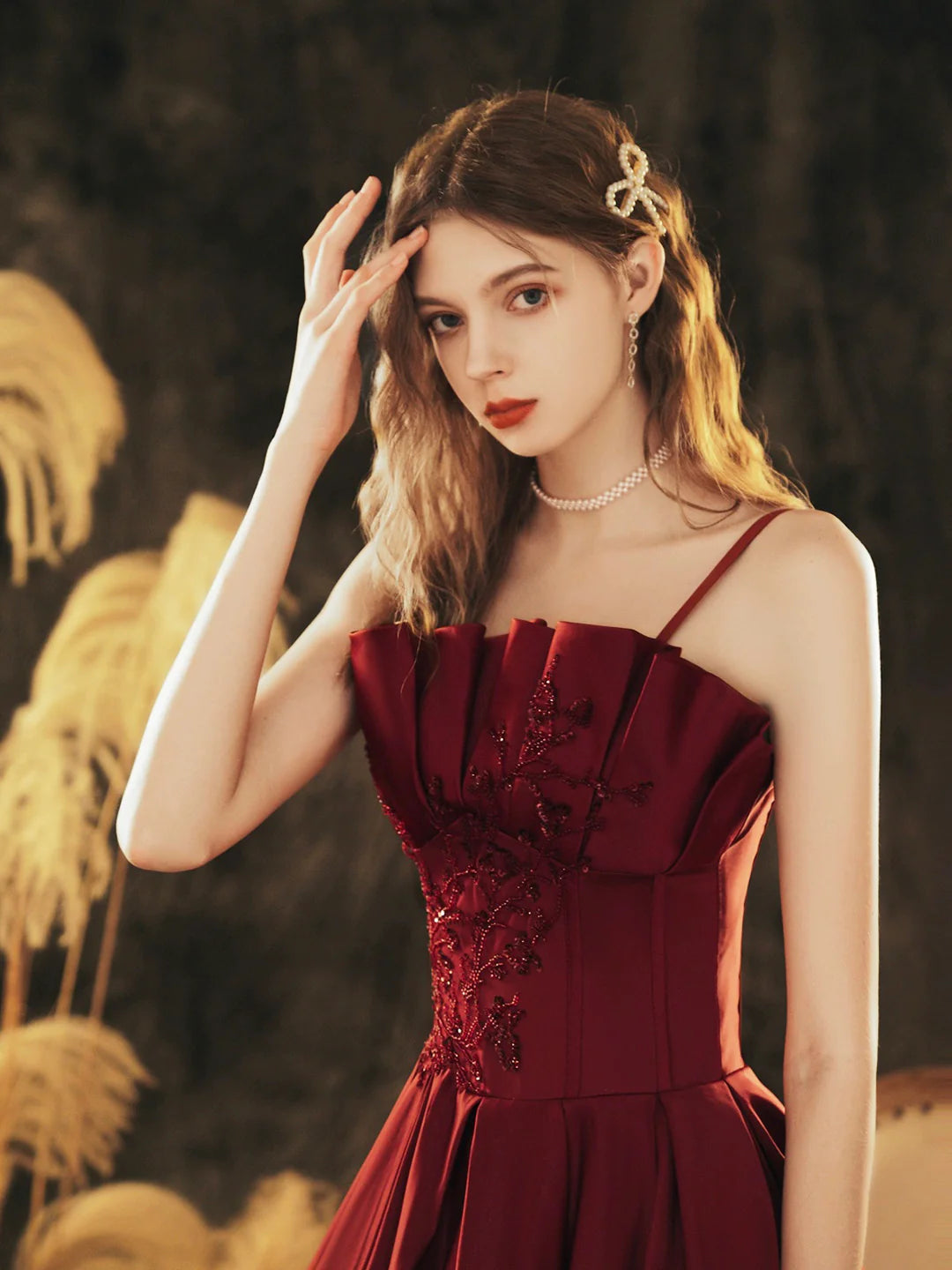 Beautiful A-Line Burgundy Satin Beaded Long Prom Dress Evening Party Dress