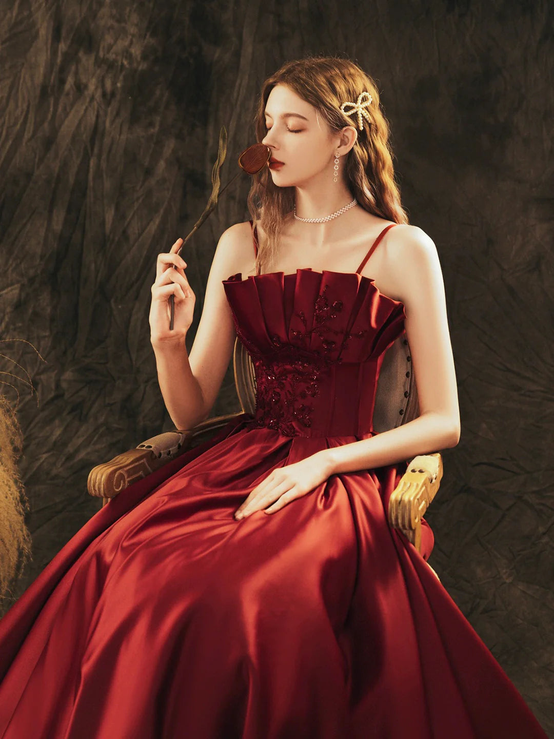 Beautiful A-Line Burgundy Satin Beaded Long Prom Dress Evening Party Dress