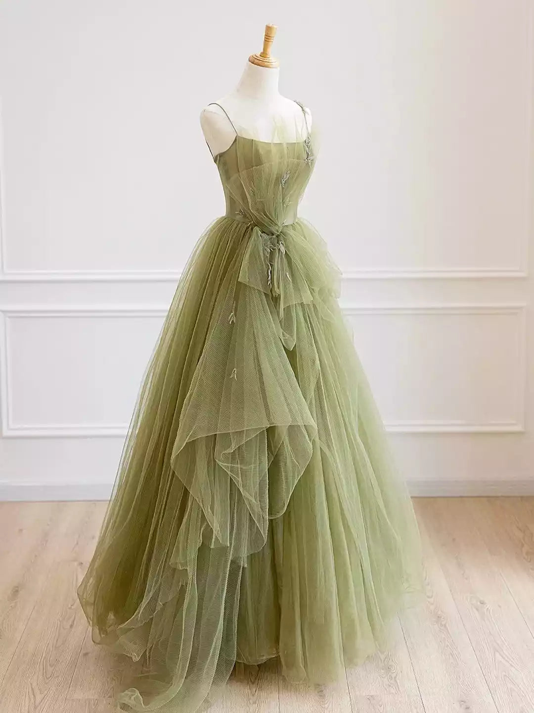 Beautiful A-Line Green Spaghetti Strap Tulle Long Prom Dress Formal Evening Dress