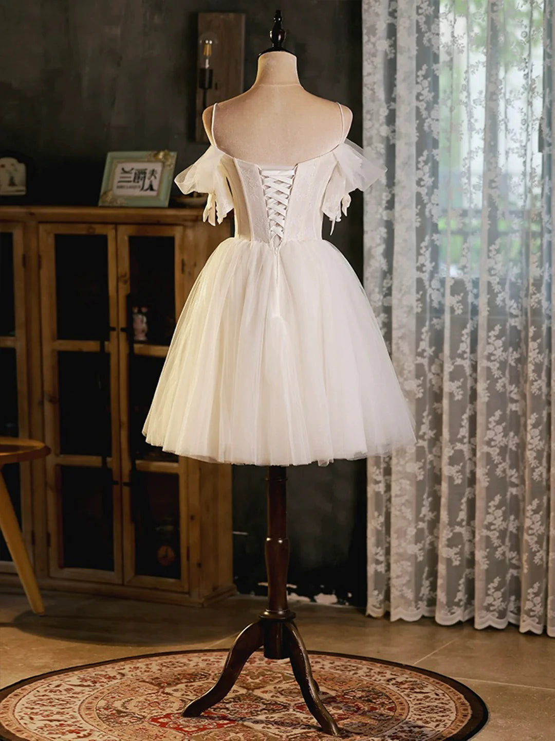 Beautiful A-Line Light Champagne Spaghetti Strap Tulle Evening Prom Dress Party Dress