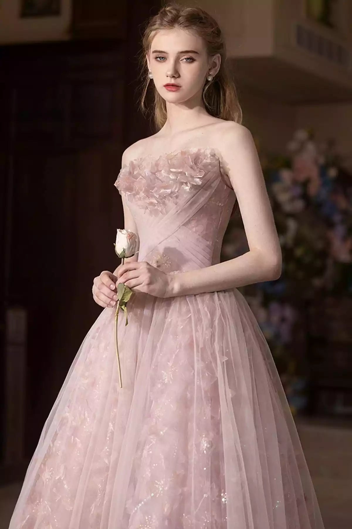 Beautiful A-Line Off the Shoulder Pink Tulle Long Prom Dress Party Dress